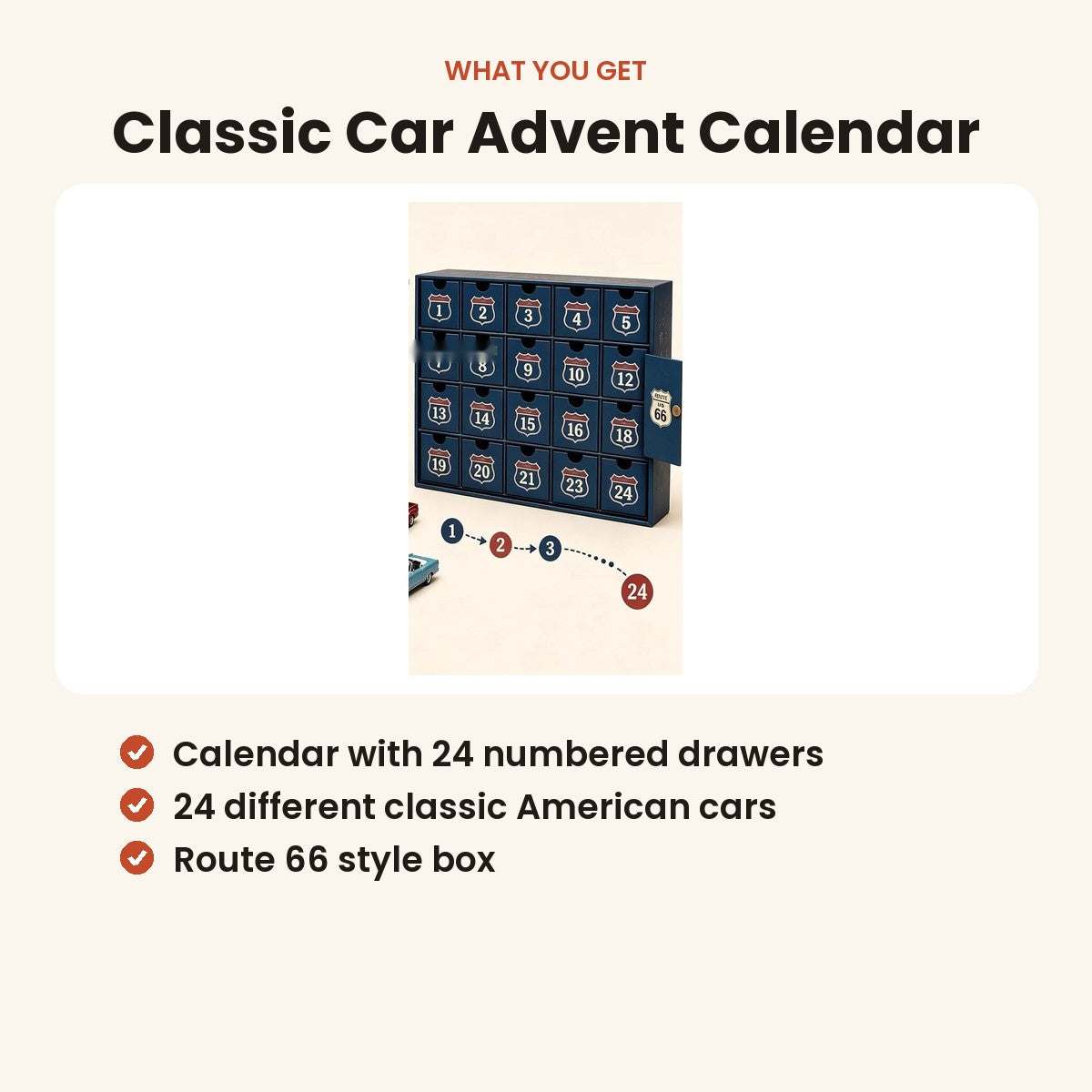Advent calendar with 24 classic American cars