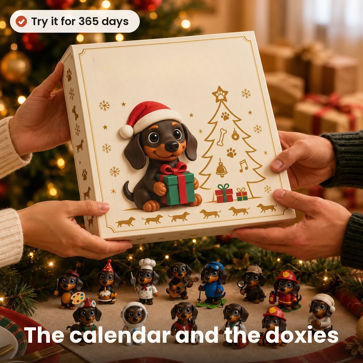 Advent calendar with 24 dachshund figurines