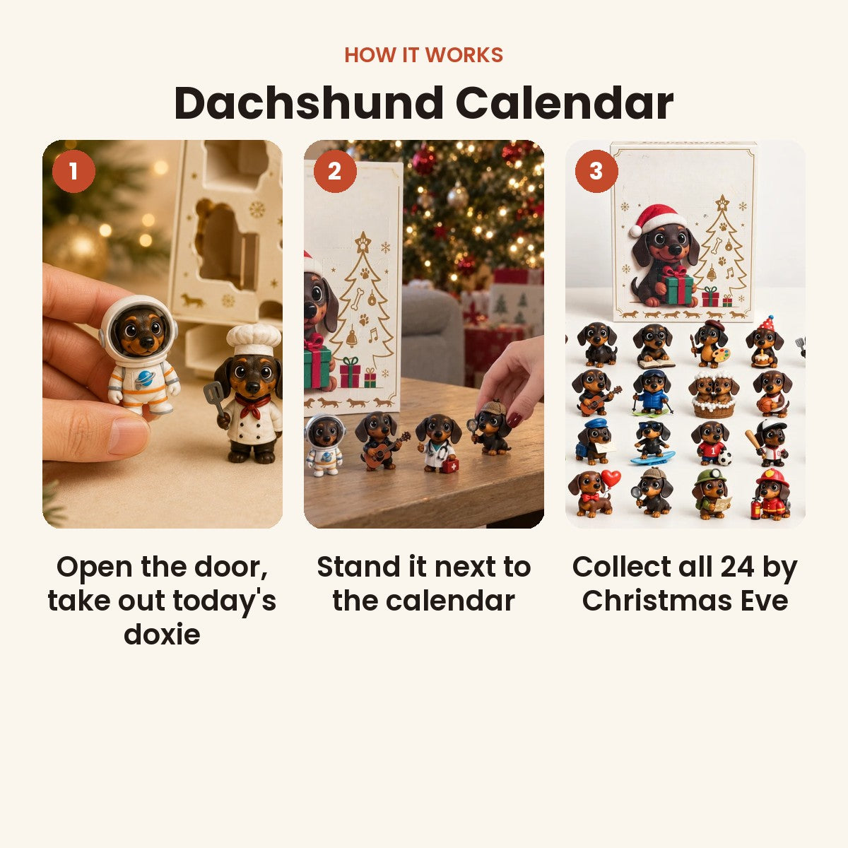 Advent calendar with 24 dachshund figurines